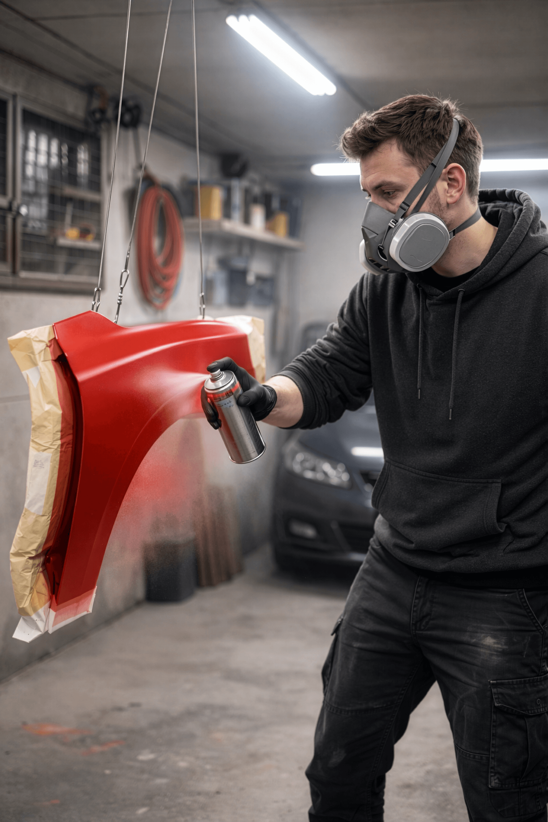 Man som sprayar en bilskärm med sprayburk